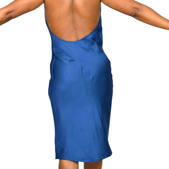 Young Fabulous Broke Rebel Slip Dress Blue Halter Midi Rayon Draped Satin Small - Picture 2 of 13